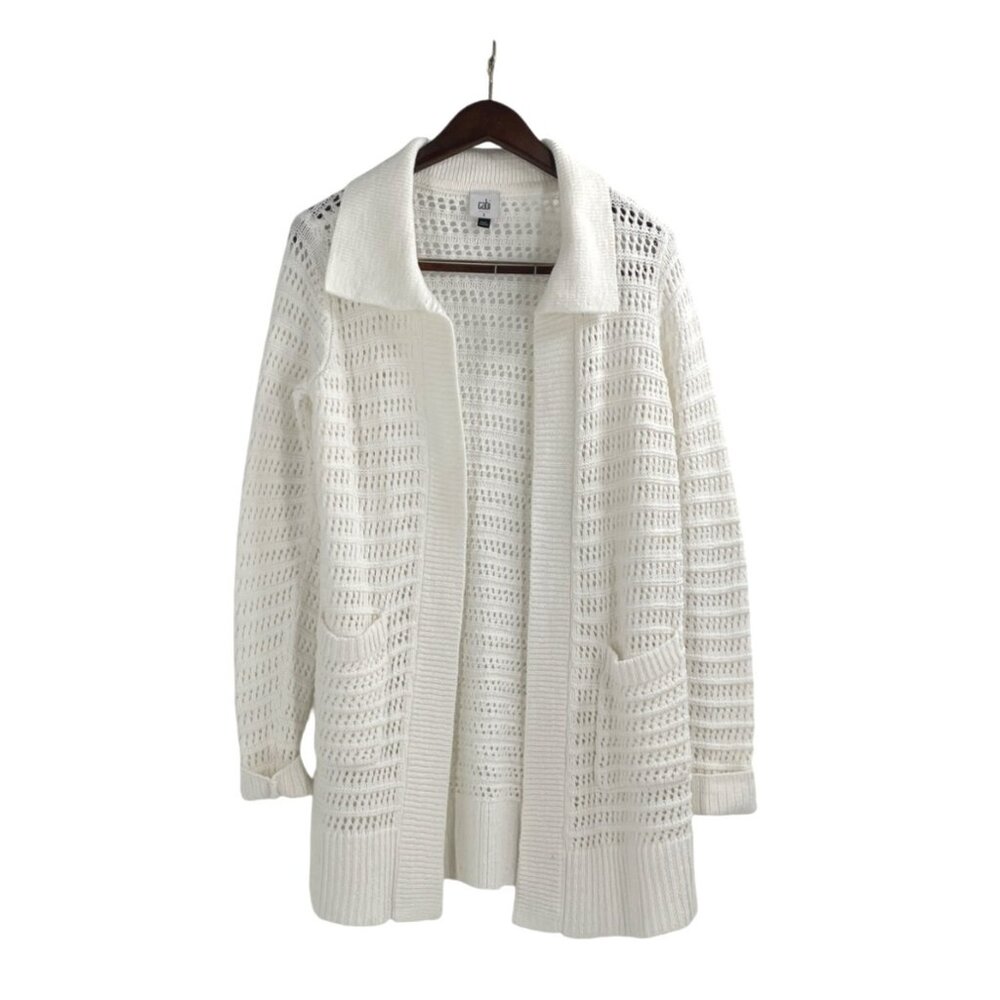 Cabi Open Stitch Cardigan Sweater White Womens Size Small Chunky Kit Neutral